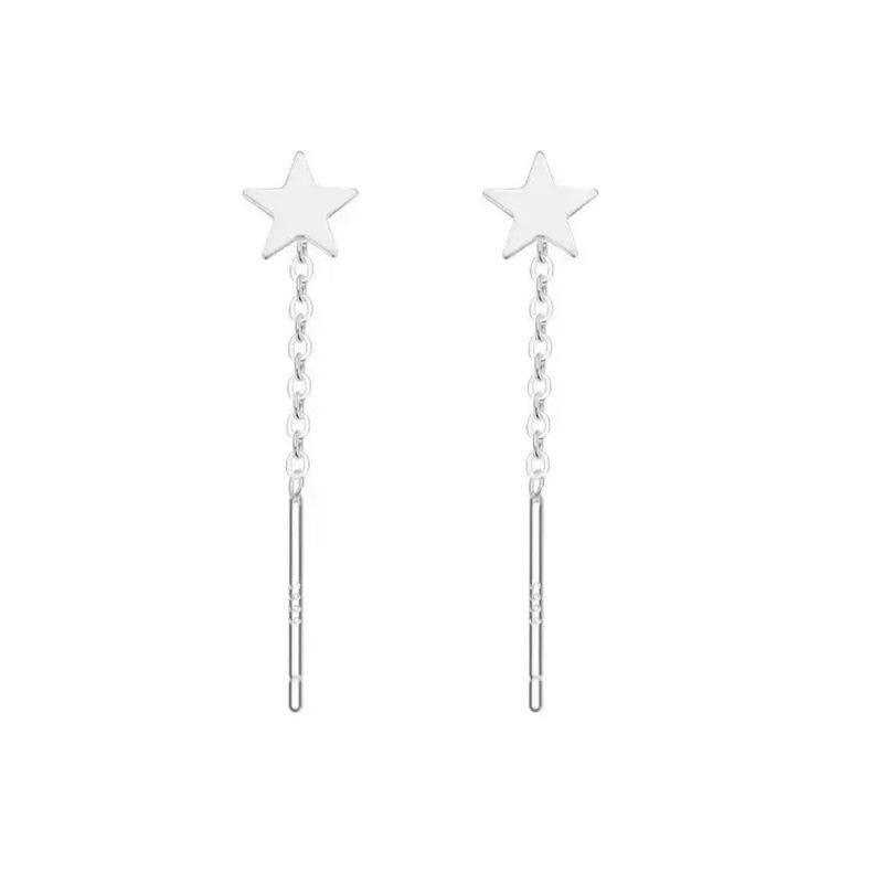 S999 Sterling Silver Mini Star Threader Earrings for Women - Korean Style, Simple, Versatile, Five-Pointed Star Design.