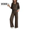 Damen Lässiges Loungewear Sweatshirt Hosen 2-teiliges Set, V-Ausschnitt Langarm Oberteil & Weiter V-Ausschnitt Pullover Sets Hosen mit Elastischem Bund, Einfarbig