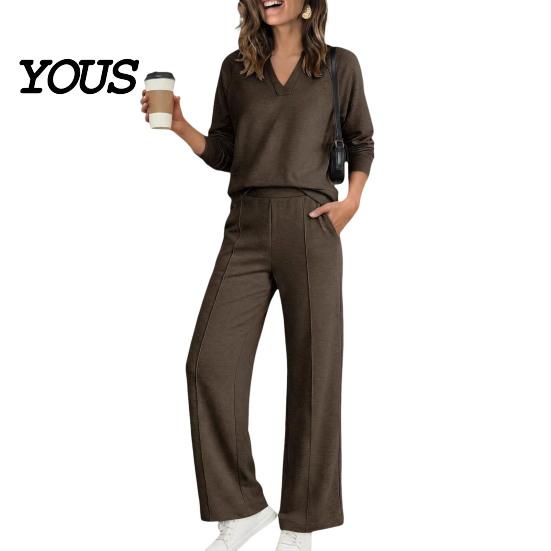 Damen Lässiges Loungewear Sweatshirt Hosen 2-teiliges Set, V-Ausschnitt Langarm Oberteil & Weiter V-Ausschnitt Pullover Sets Hosen mit Elastischem Bund, Einfarbig