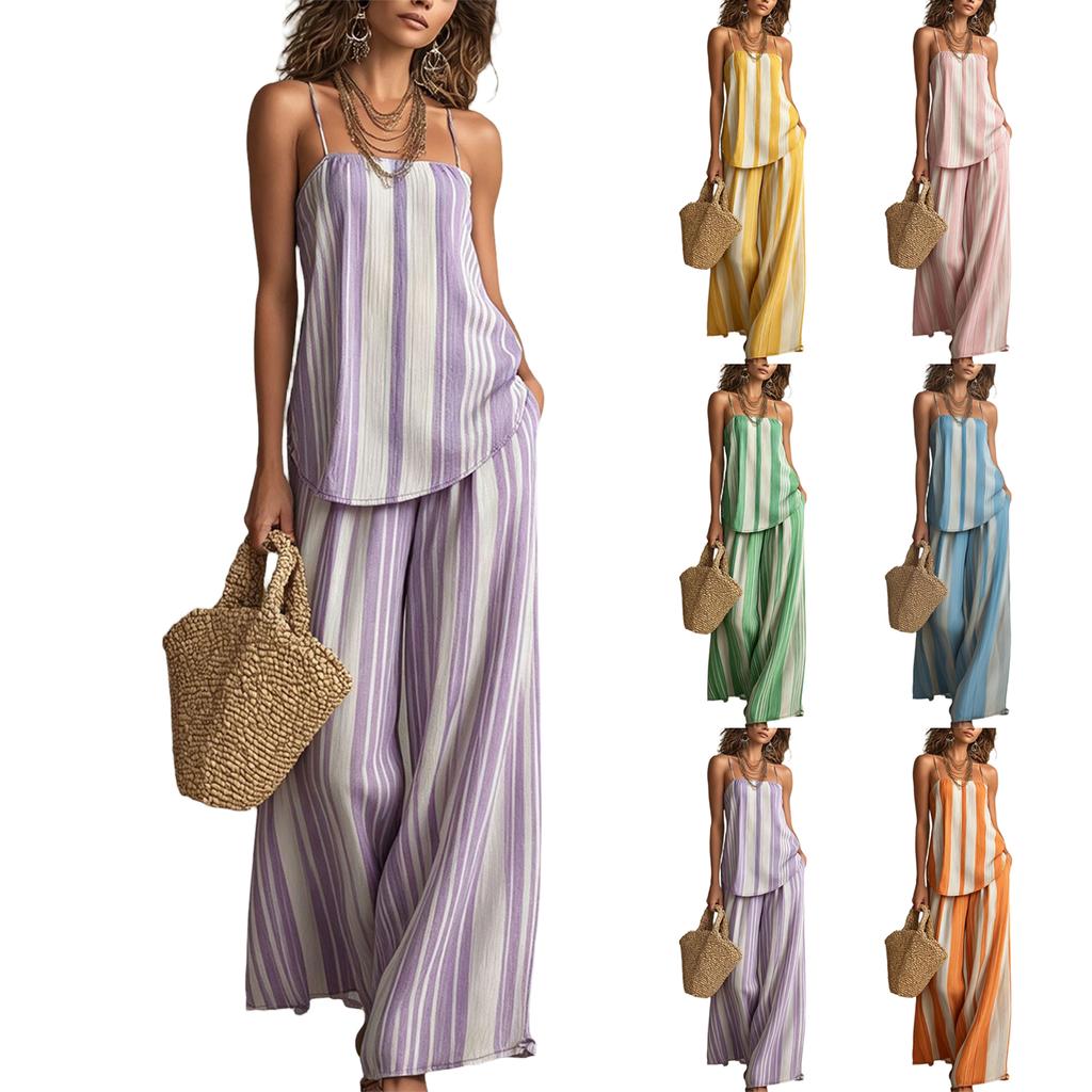 Women's Striped Two Piece Outfit Camisole Top and Casual Pants with Elastic Waist and Pockets