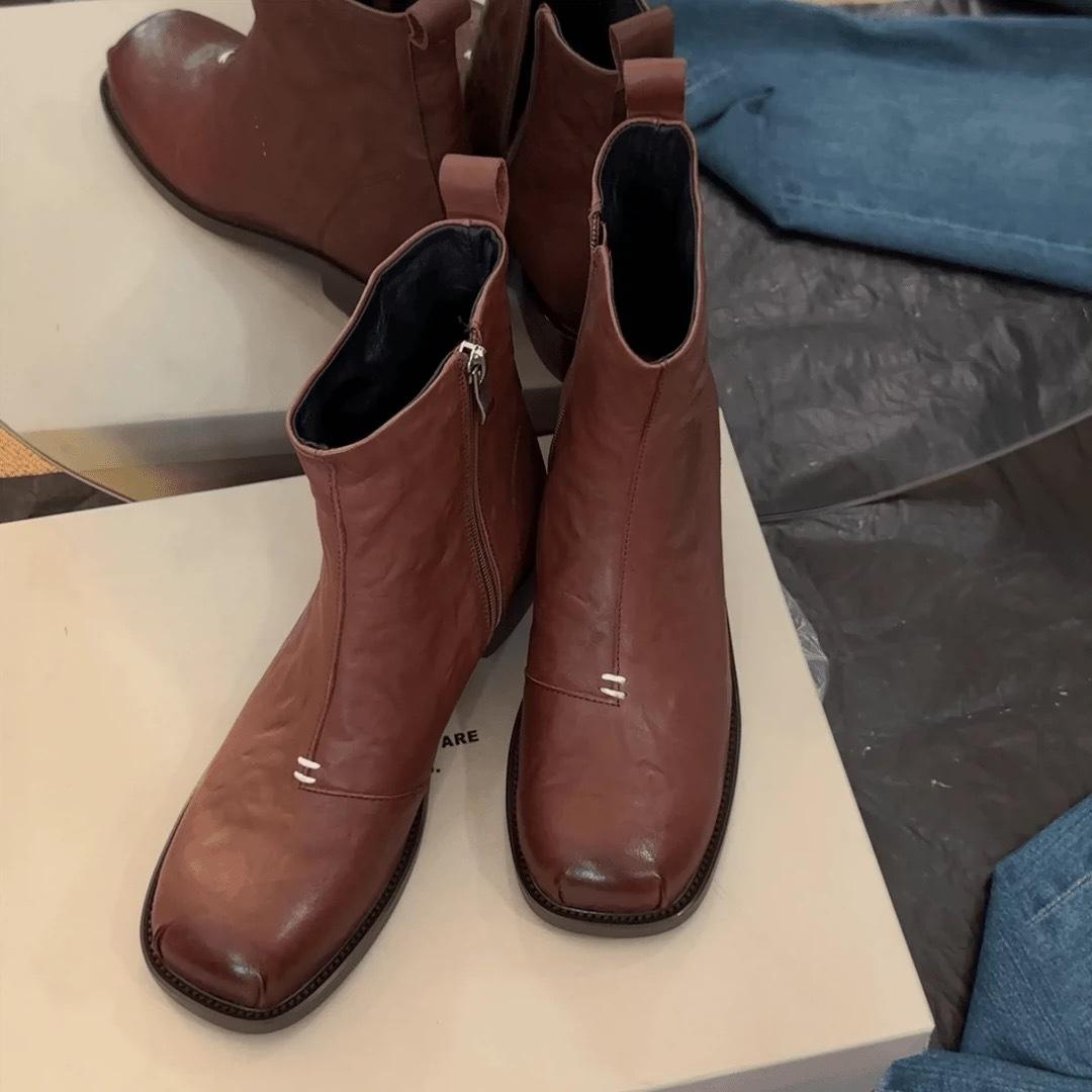 Корейские универсальные челси с квадратным носком, облегающие ботинки, женские, осень-зима 2025, на грубом каблуке, толстая подошва, боковая молния, ботинки Мартин 35