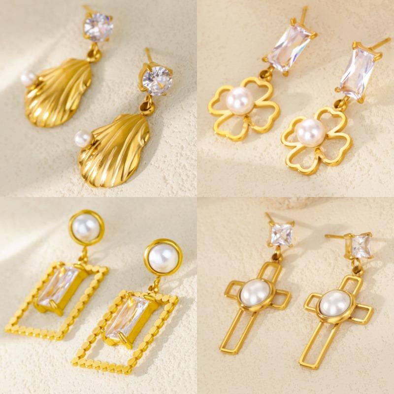 New cross shell hollow pearl earrings niche open stud earrings stainless steel k gold plated