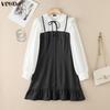 VONDA Womens Patchwork Dress Long Sleeve Doll Collar Bow Tie Ruffle Hem Button Down A Line Mini Dress