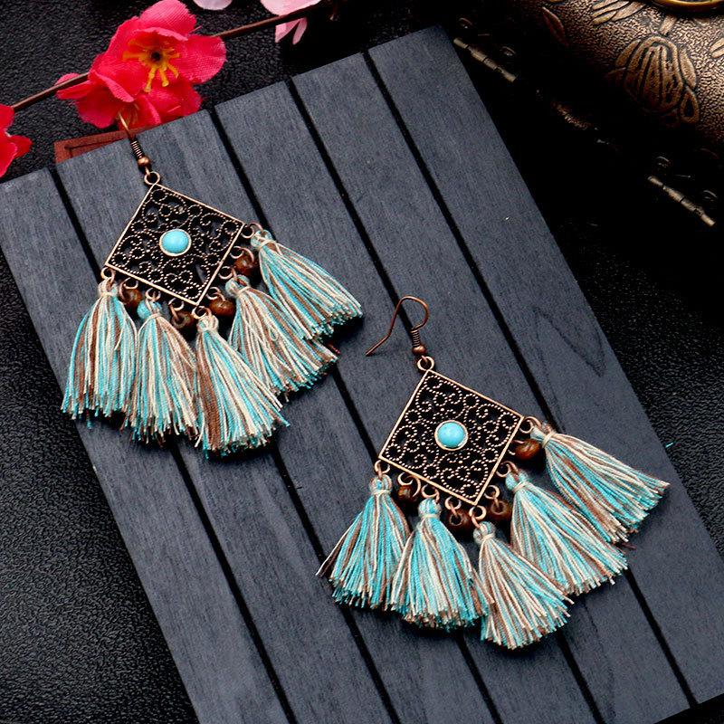 GemChic Women's New Vintage Geometric Metal Turquoise Long Tassel Fringe Earrings Ethnic Fashion Hook Earrings Birthday Christmas Jewelry Gift