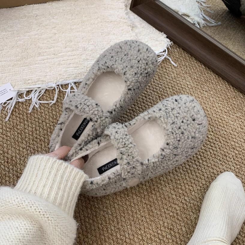 Grey Woolen Inner Height-increasing Fluffy Shoes for Women's Winter Wear 2025 New Warm and Velvet Flat-bottomed Mary Jane Cotton Single Shoes