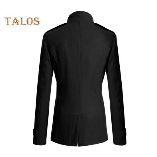 Men Woolen Coat Stand Collar Long Sleeve Windbreaker with Double-Breasted Closure Pockets Solid Color Mid-Length Outwear