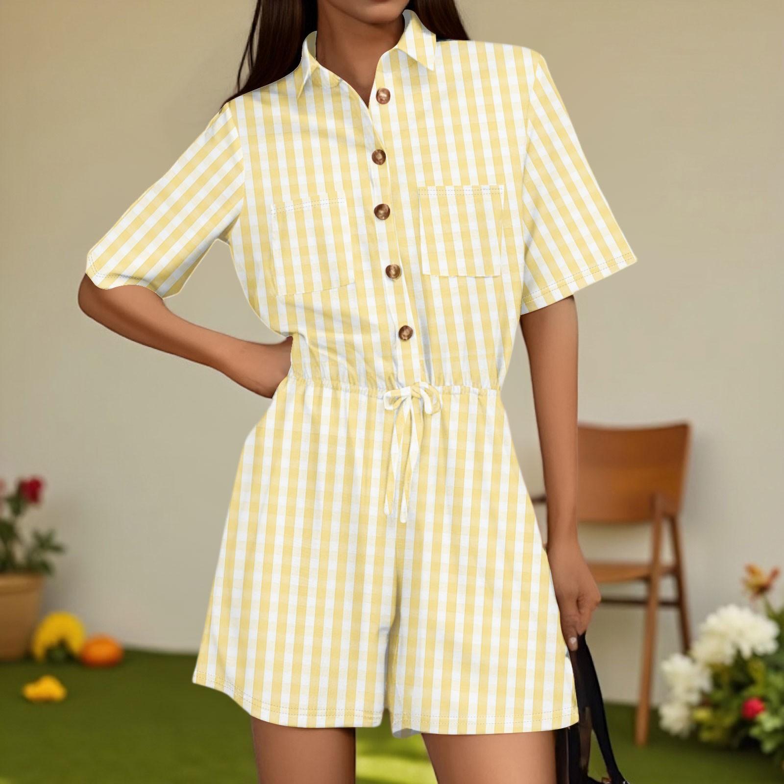 

Женский модный комбинезон с V-образным вырезом, клетчатый повседневный комбинезон с коротким рукавом XL жёлтый