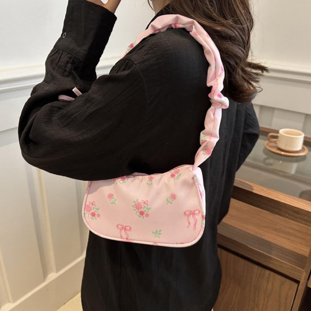 Ruched Nylon Handbag Bowknot Floral Shoulder Bag Korean Style Flower Pleated Underarm Bag Woman
