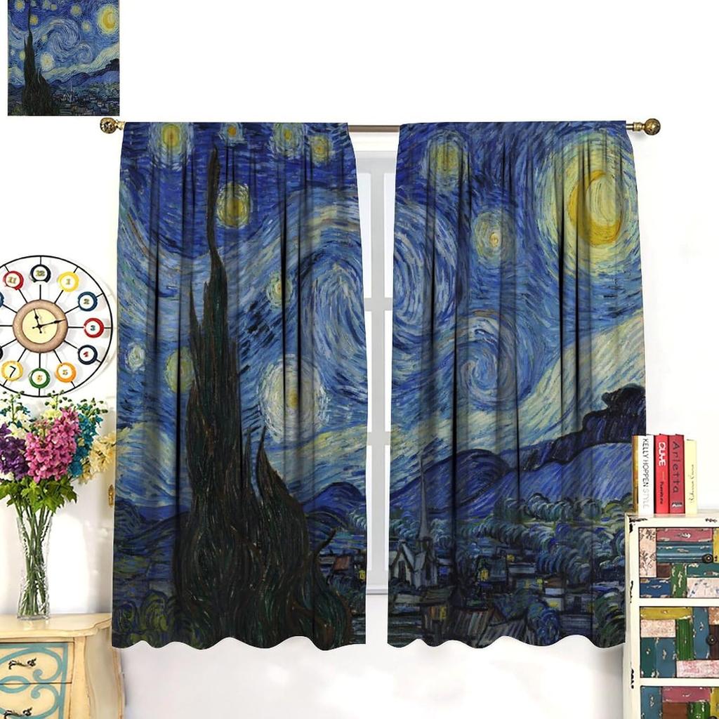Starry Night Blackout Curtains for Bedroom, Oil Painting Blue Abstract Stars Art Decor Print Window Treatments, Rod Pocket