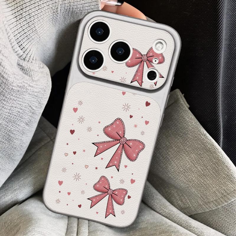 Pink Bowknots Print Leather Lanyard Case For iPhone 18 Pro Max Hybrid TPU+PU Anti-skid Soft Cover For iPhone 17 16 15 14 13 Pro Max