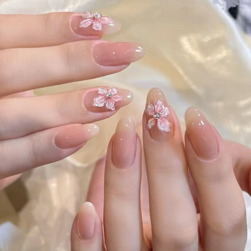24PCS Simple Almond False Nails 3D Sweet Flower White French Press On Nails Full Cover Artificial Detachable Manicure Nail Tips