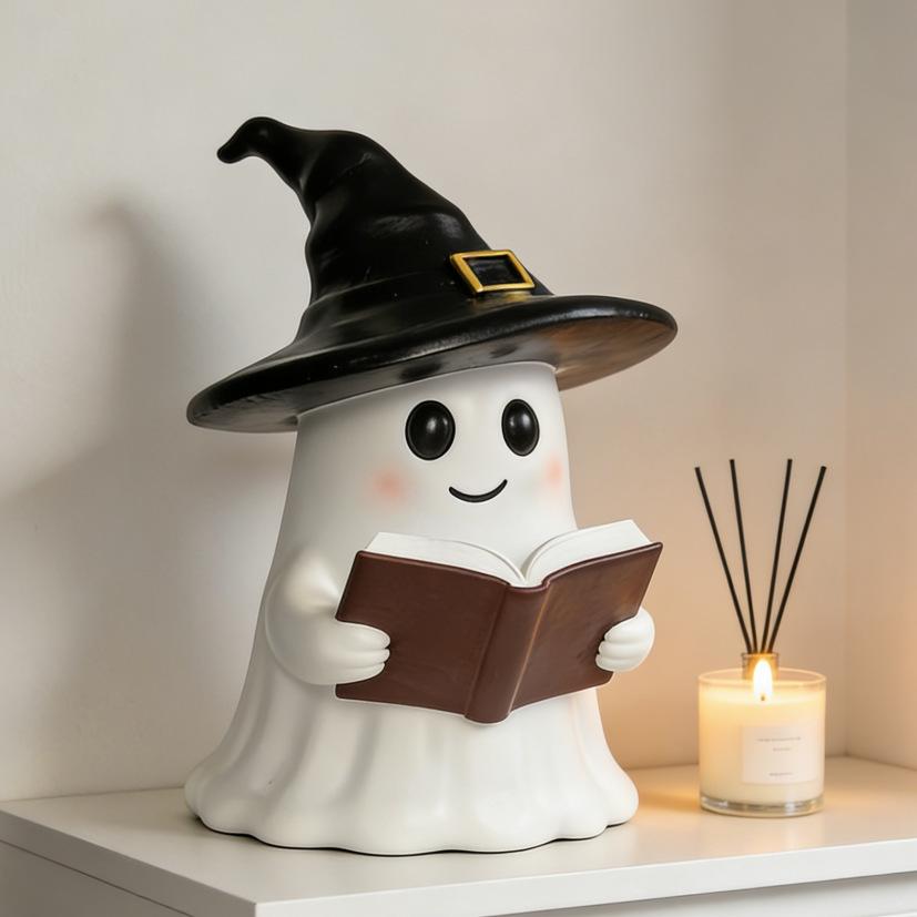Halloween Ghost Reading Night Light - Cute Resin Book Shelf Ornament