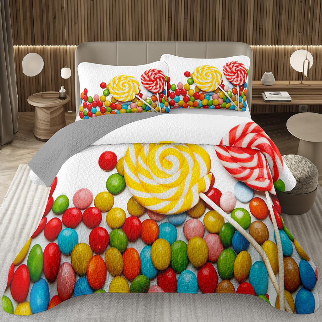 Søtt godteri dynesett for jenter gutter tenåringer, Lollipop-tema sengeteppe sett King dessert quiltet overkast tegneseriestil sengetøy