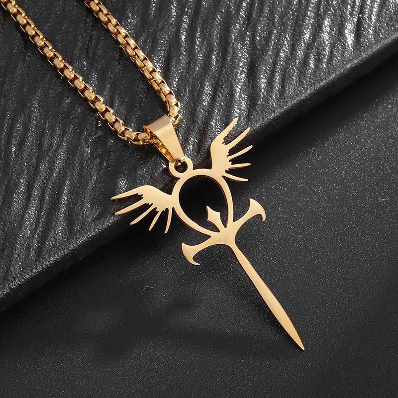 Stainless Steel Glossy Ankh Angel Wings Sword Pendant Necklace for Men Medieval Classic Mythical Amulet Jewelry Gift
