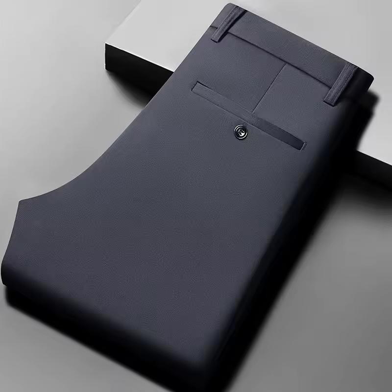 Calças de Verão Masculinas Finas Retas Elásticas Casuais com Tecido Sem Marca Sem Passar Sensação Sedosa e Fresca