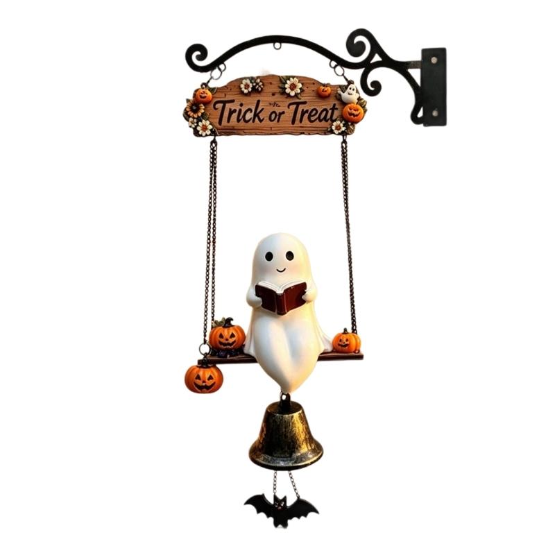 Saisonales Veranda-Hänge-Türklingel-Ornament mit geisterhafter Leser-Buch-Figur, Süßes oder Saures-Schild und Metallglocken-Akzent für den Halloween-Eingang