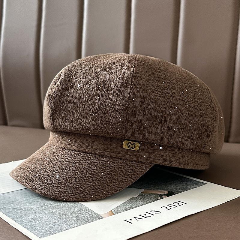 British Style Retro Sequined Octagonal Hat for Women in Autumn and Winter Puppy Label Painter's Hat Travel Fashion Temperament Beret