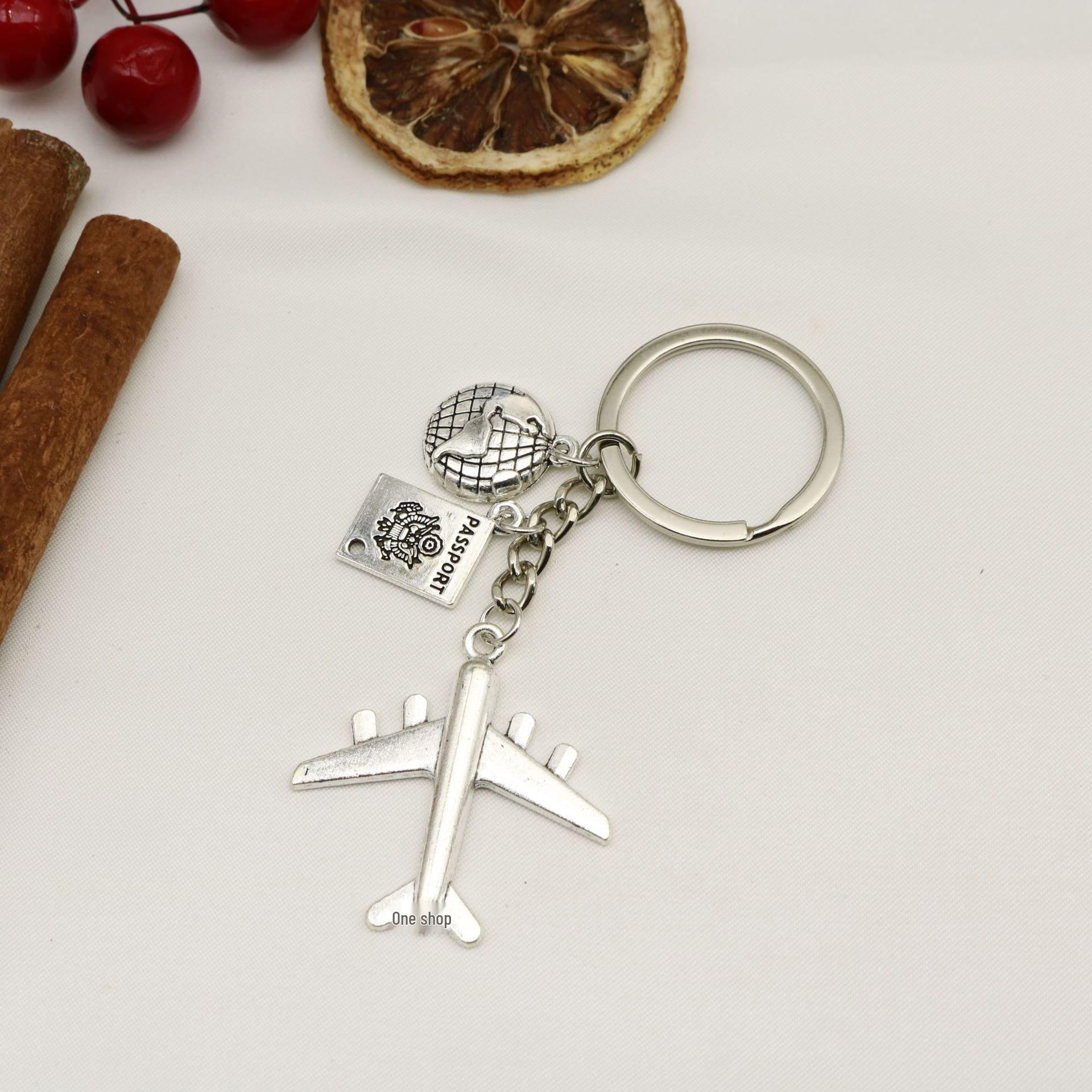 Ancient Silver Airplane Map Keychain & Backpack Pendant