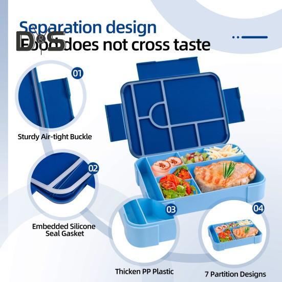 Bento lunsjboks lekkasjesikker 6-roms lunsjboks med skjegaffel sauskopp BPA-fri matbeholder for skolesnackbeholder