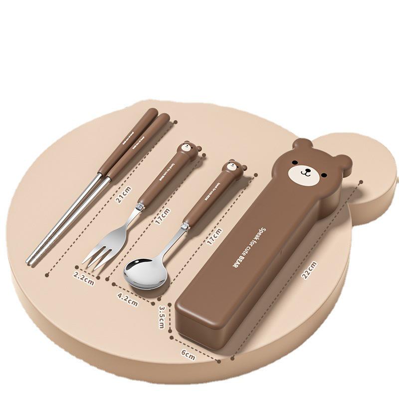 304 Stainless Steel Cartoon Bear & Rabbit Portable Cutlery Set - Chopsticks, Fork & Spoon for Students & Outdoors
