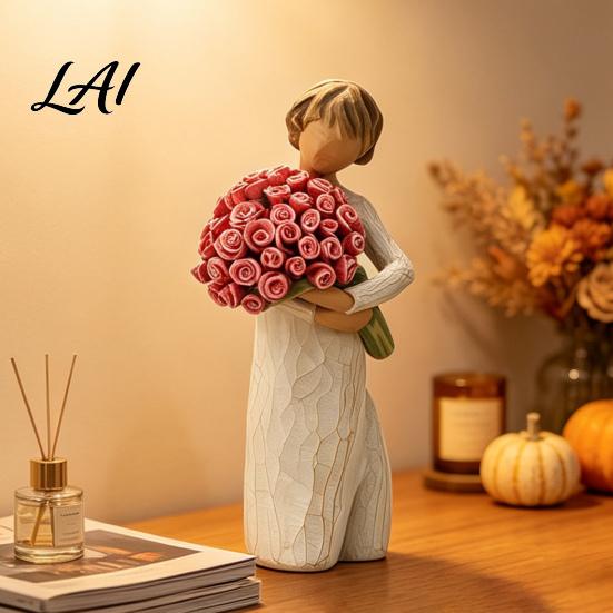 Decorative Bouquet Figurine Girl Holding Resin Figurine Faceless Lady Statue Romantic Desktop Ornament for Flower Statue Living Room Bedroom