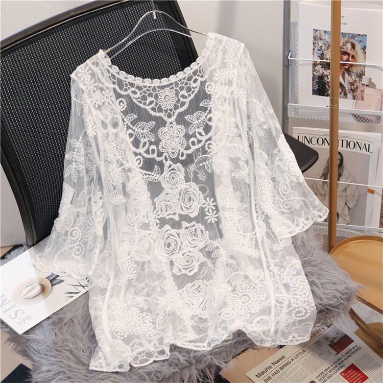 Γυναικεία Κεντημένη Διάτρητη Επτάτελη Καρντιγκάν Προστασίας από τον Ήλιο Τοπ Παραλίας