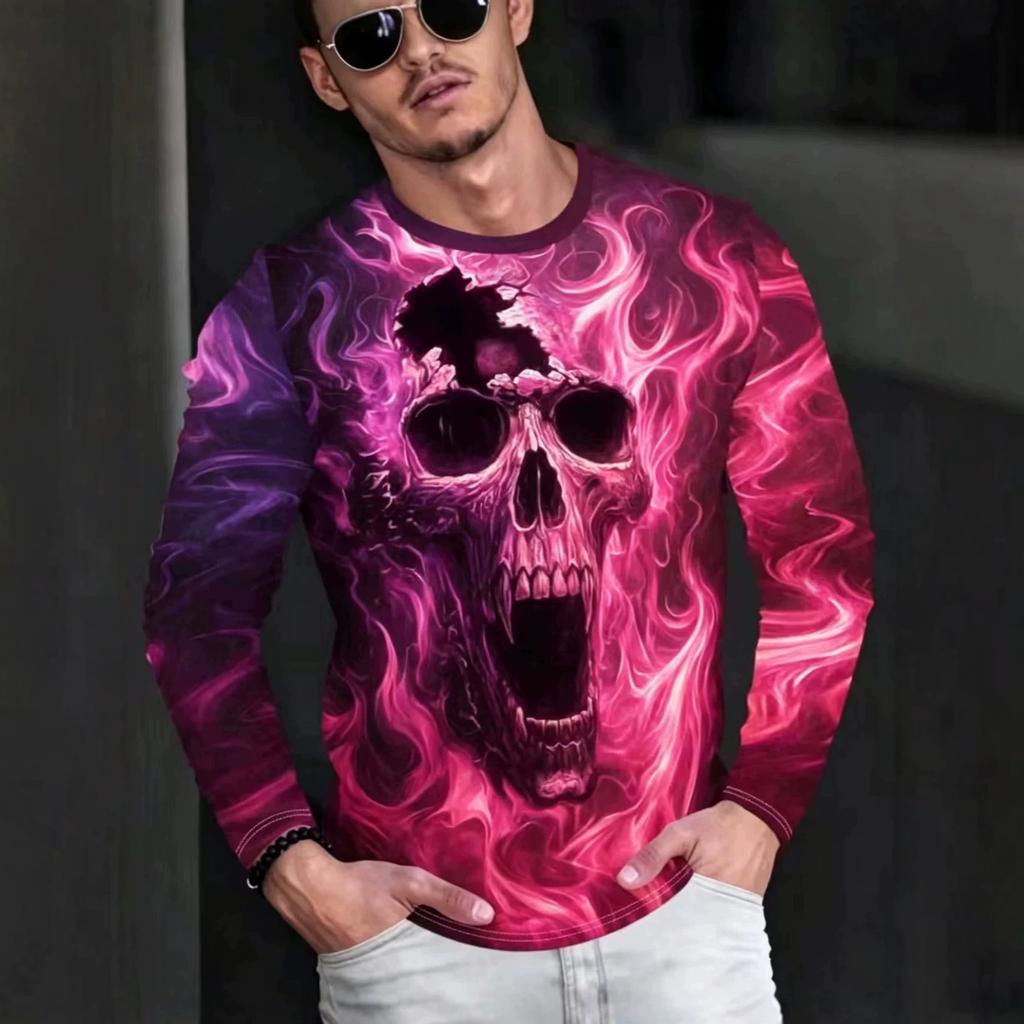 Autumn and Winter Men's Colored Skull 3D Printed Crew Neck Long Sleeve T-Shirt