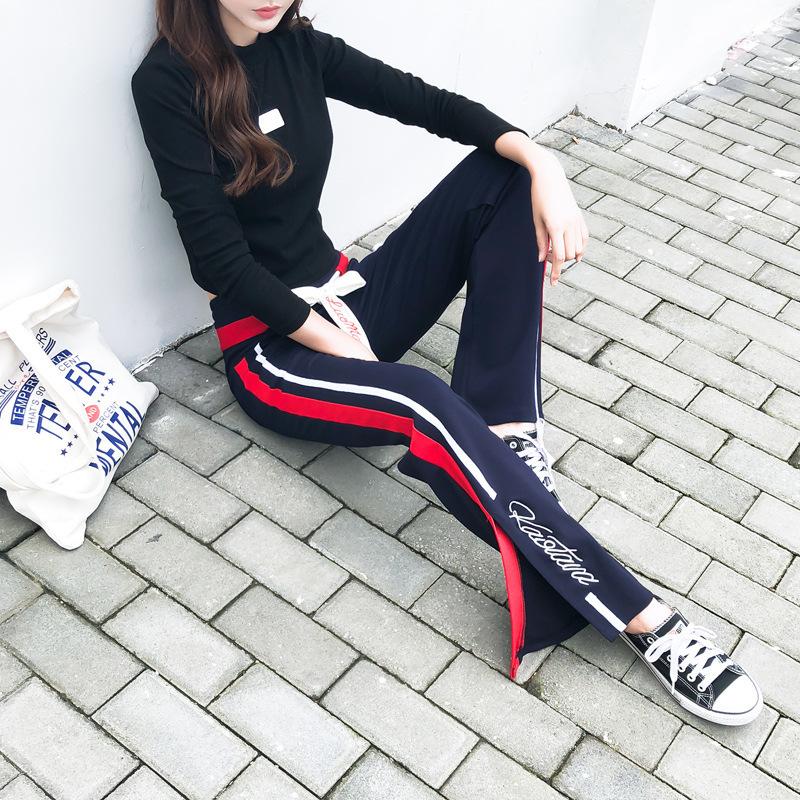 

Женские брюки с широкими штанинами контрастного цвета, весенне-осенние свободные прямые повседневные брюки с высокой посадкой, разрезами по низу и драпировкой, тонкие спортивные брюки XXL (suitable for 130-75kg) темно-синий