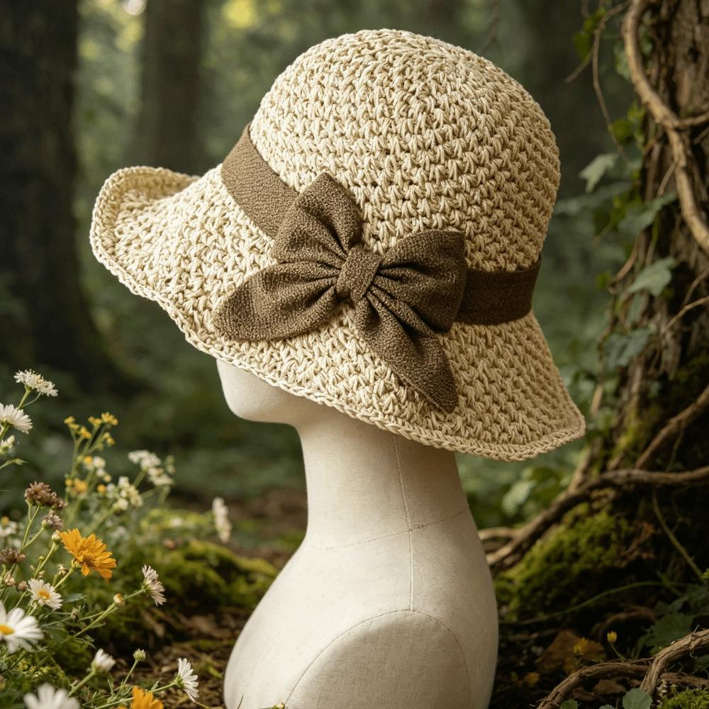 Wide Brim Sunshade Bucket Hat Bowknot Panama Hat Vintage Beach Straw Hat Lady