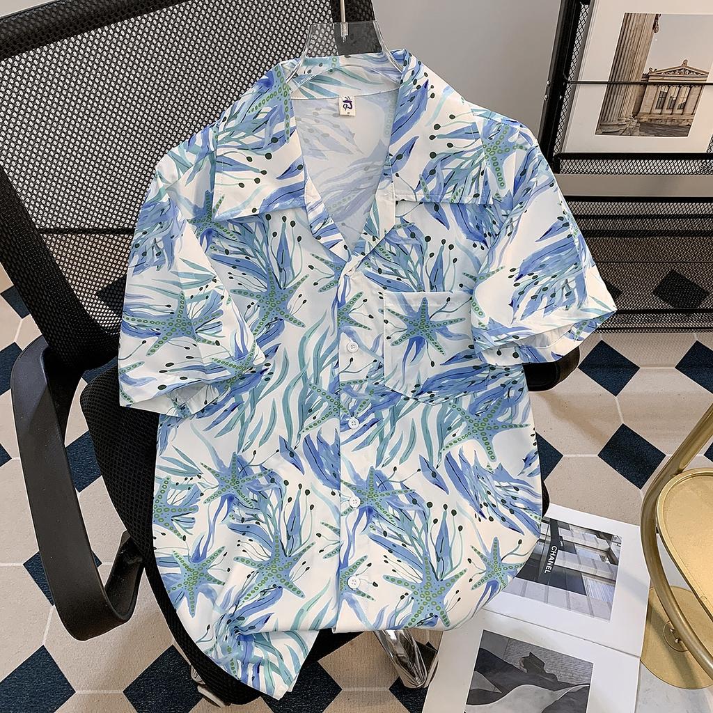 Strapping Rural Plant Floral Print Cuban Collar Short Sleeve Printed Shirt Men's Hawaiian Japanese-Style Retro Hong Kong Style Casual Top