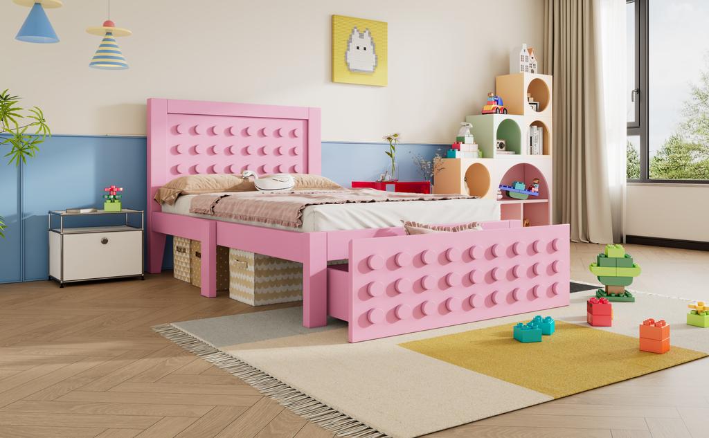 Wooden Single Children's Youth Bed 90x200 cm, with Creative Block Design, Solid Wood Frame, with Drawers & Under-Bed Storage, Pink, Without Mattress
