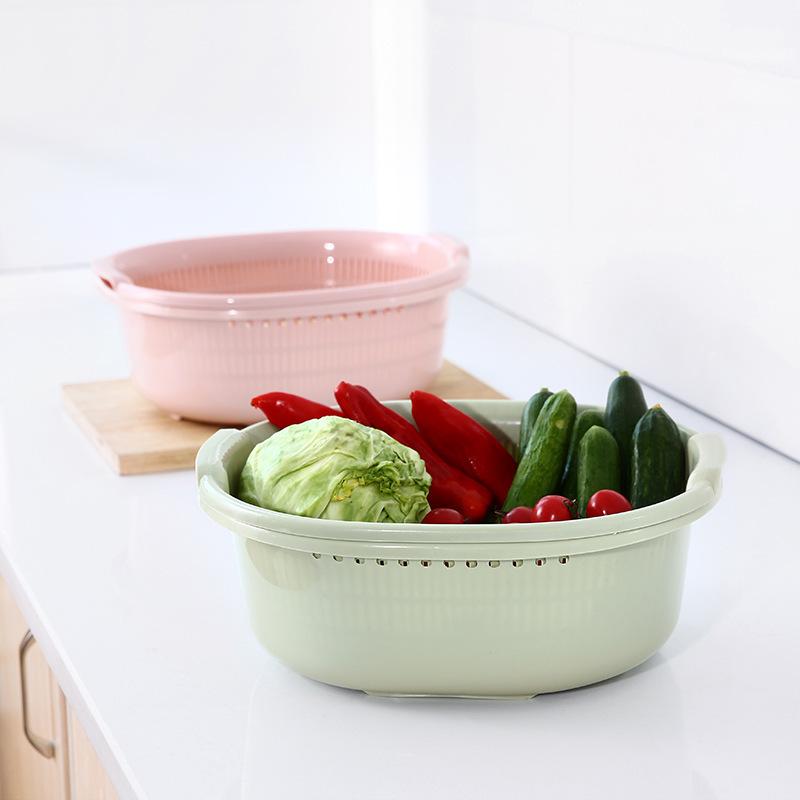 Large Double-Layer Vegetable & Rice Washing Basket Set - Multi-Use Kitchen Drainer