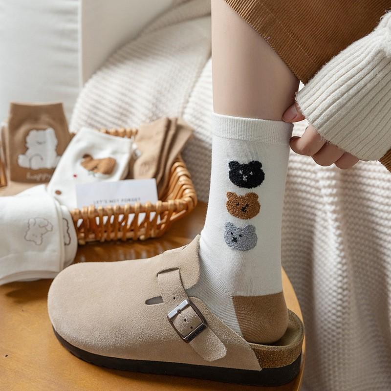 Socks Coffee Color Cute Bear Medium Tube Socks Season College Style Pure Cotton Bow Stacking Socks Women