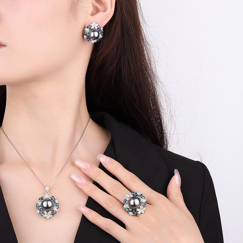 Platinum Grey Pearl Ring Tahiti Deep Sea Emerald Zircon Flower Necklace Earnail Set Jewelry Women