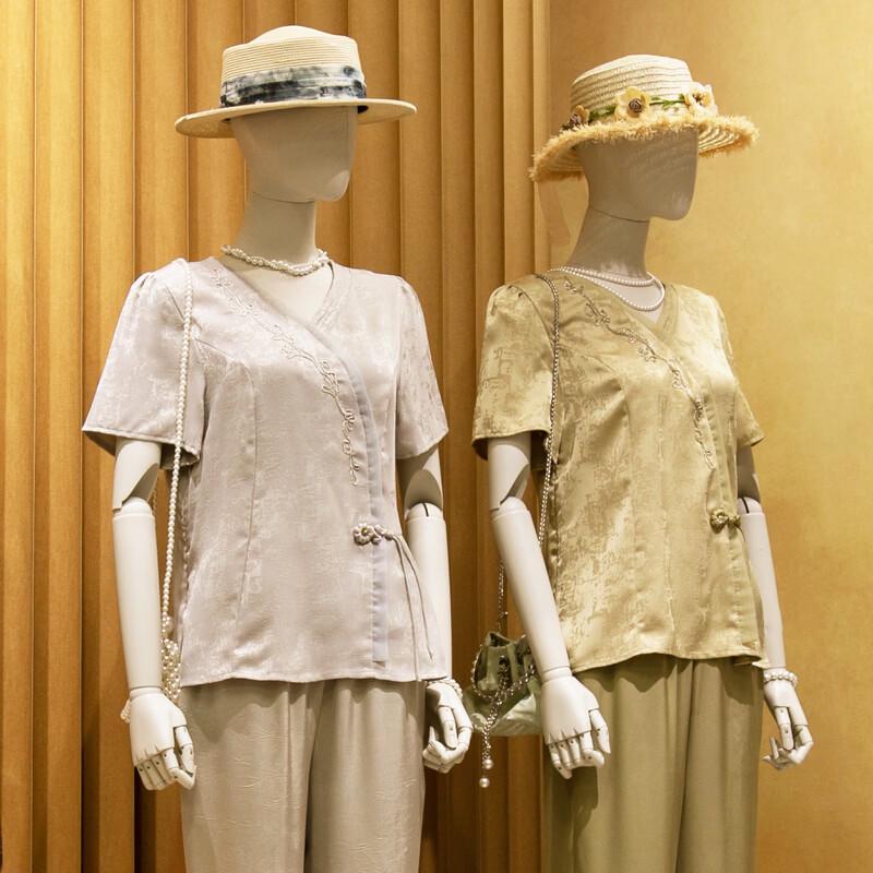 Chinese Style Floral Short-Sleeve Two-Piece Set for Middle-Aged Women