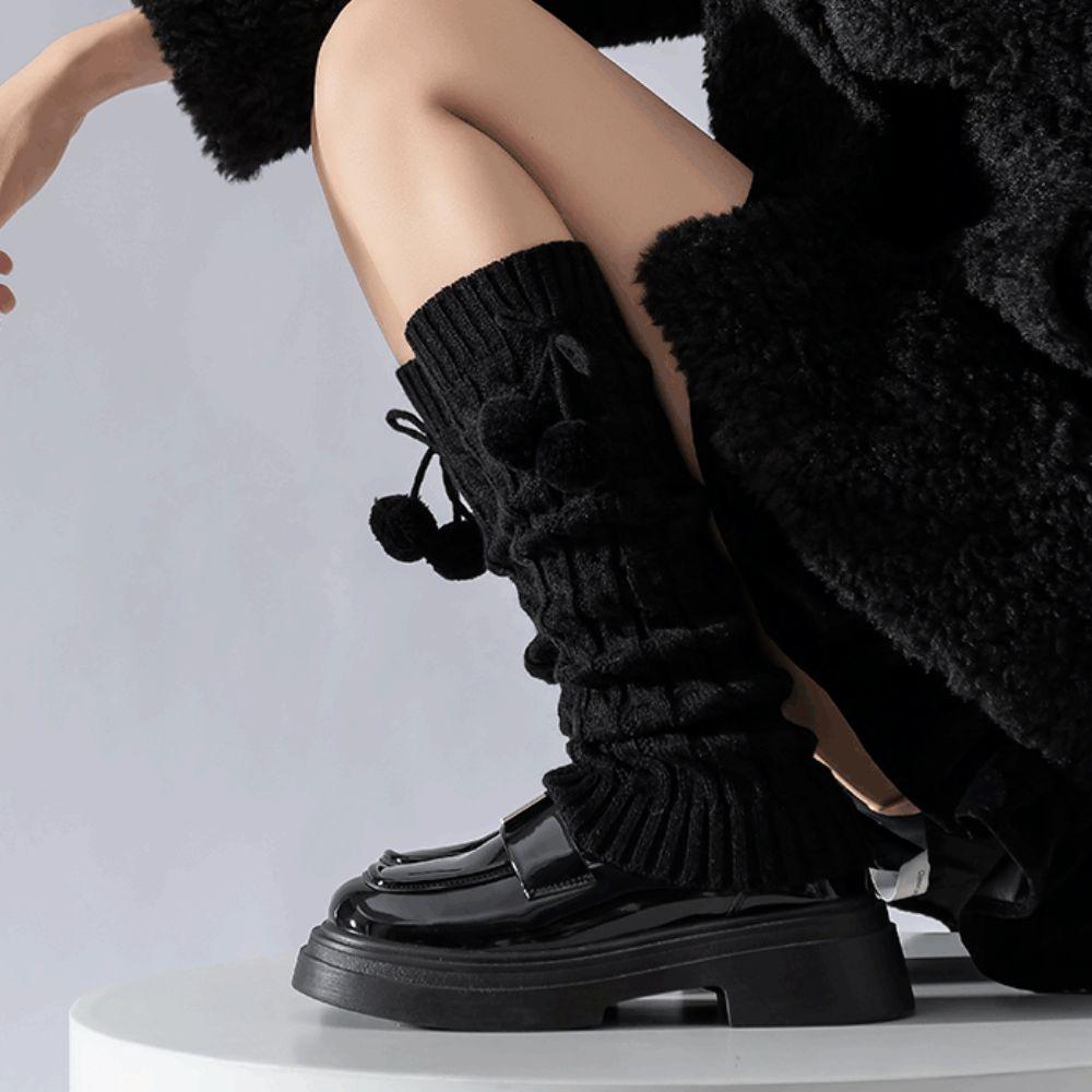 Plush Balls Leg Warmer Women Lace Up Knitted Leg Covers Hosiery Balletcore Stockings JK