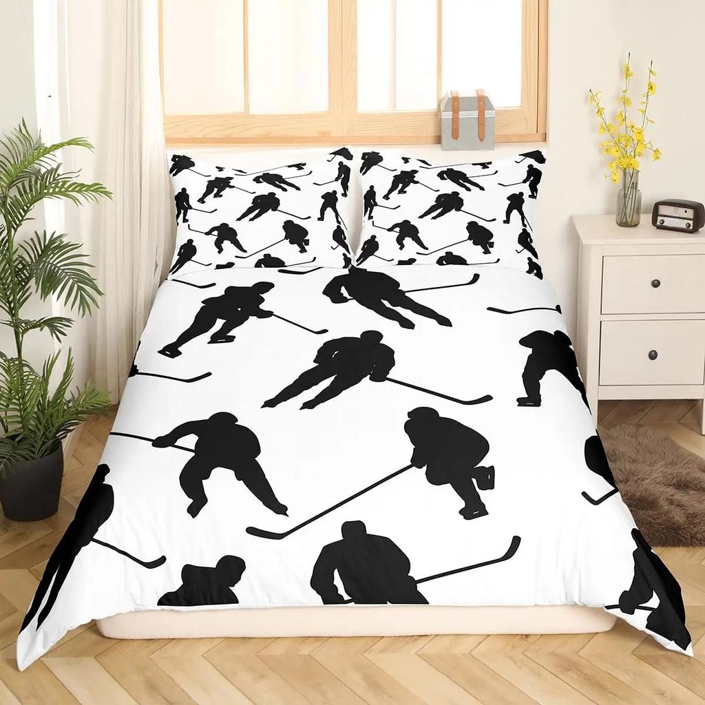 Ice Hockey Duvet Cover Set Twin Hockey Sport Player Bedding Set Winter Extreme Sport Game Polyester Comforter Cover Set King
