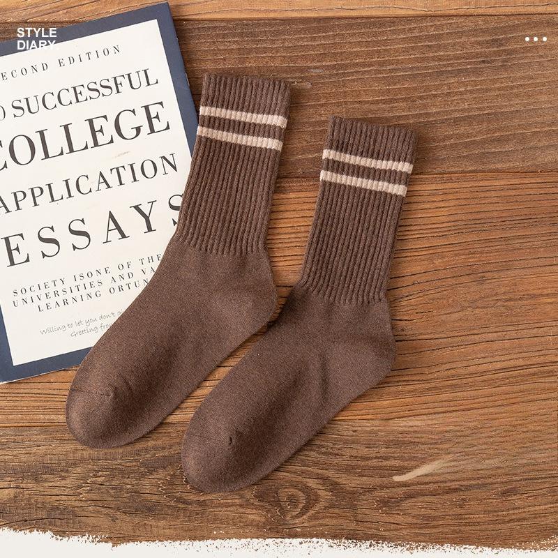 Men's Spring and Autumn Vintage Pure Cotton College-style Long Socks, Versatile Double-bar Mid-calf Socks for Autumn and Winter