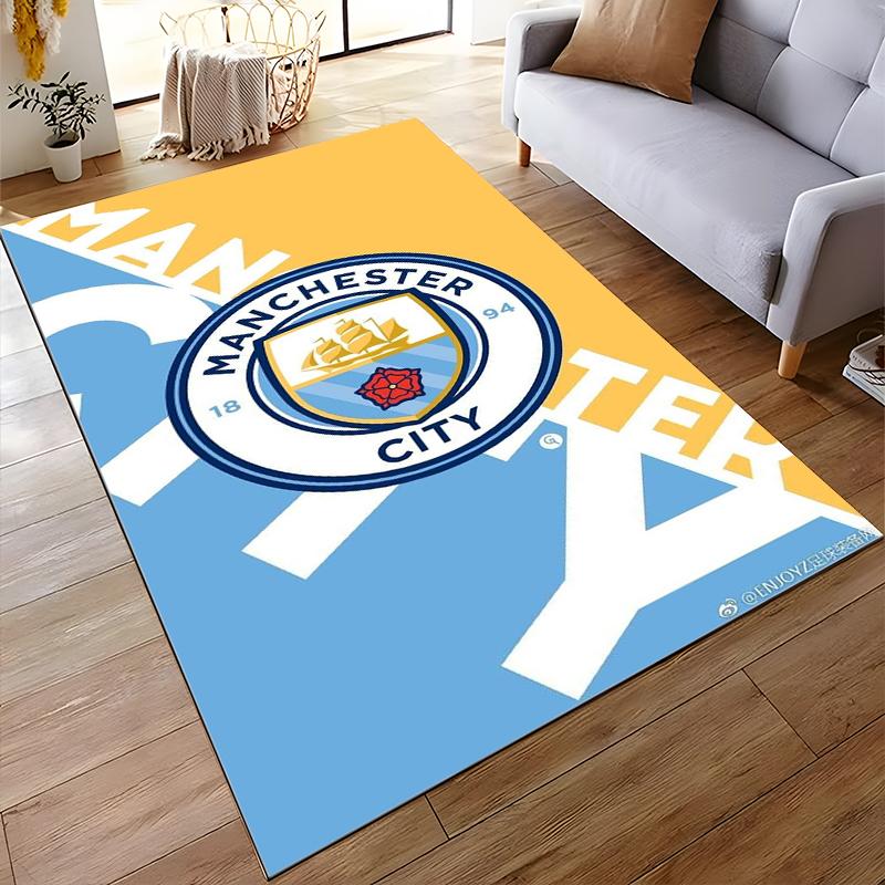 Manchester City Logo Design Rug, Blue & Yellow Non-slip Rug Suitable for Living Room and Bedroom Sofas.