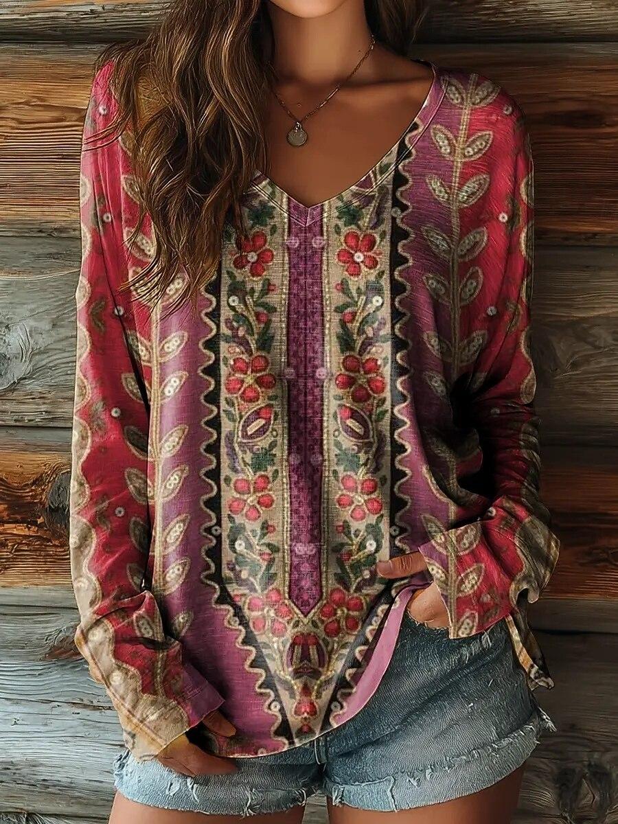 Damen Floral Print Vintage Boho Langarm V-Ausschnitt Oberteile, Tägliche Kleidung, Lila 7XL brown