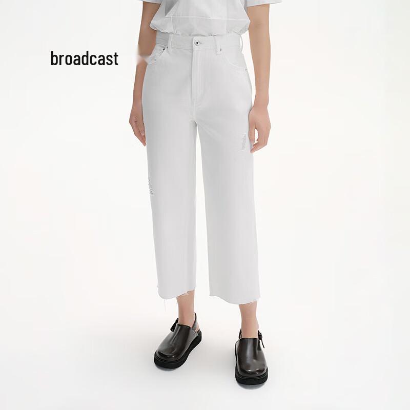 

Broadcast Women s White High-Waist Ripped Straight-Leg Cropped Jeans XL