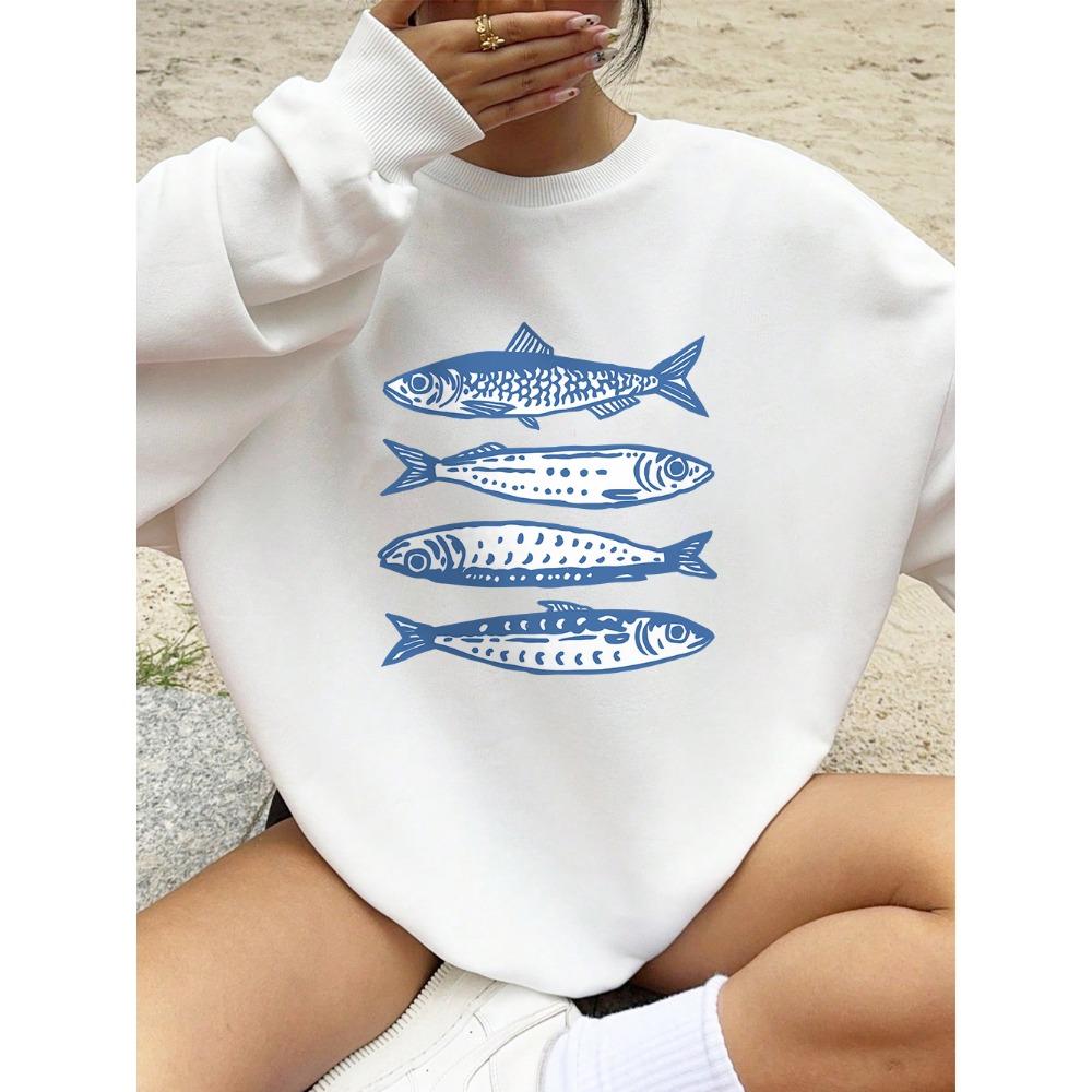 Sardines Blue Printing Sweatshirts Women Crewneck Sporty Hoodies Loose Fleece Warm Pullovers Autumn Comfortable Womans Clothes