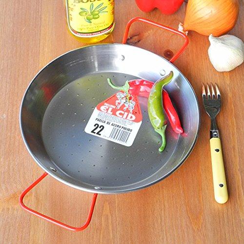 EL CID Spanish Paella Pan with Red Handle, Professional Paella Pan with Recipe, 22cm, Serving for 1 Person