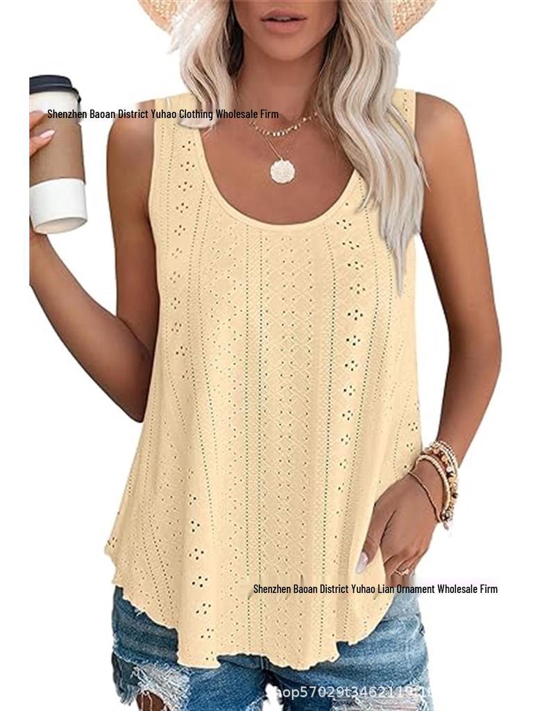 2024 Spring/Summer Sleeveless Hollow Jacquard Top - Women's Casual Round Neck Vest