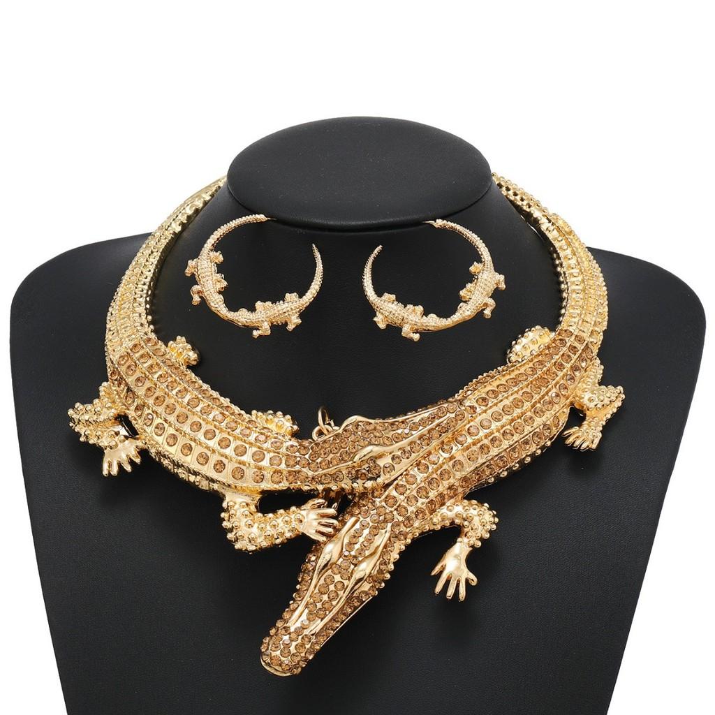 Rhinestone Creative Decoration Crocodile Design Women Necklace And Set Earring