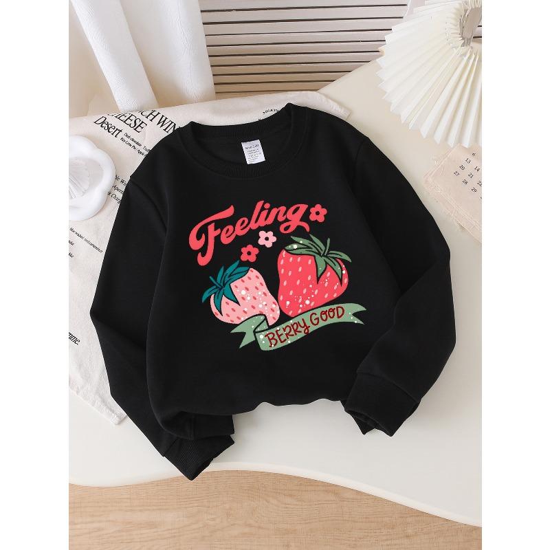 Girls' Crew Neck Sweatshirt Feeling Berry Good Strawberry Design (1), Soft Cozy Pullover, Warm Casual Outfit for Autumn And Winter
