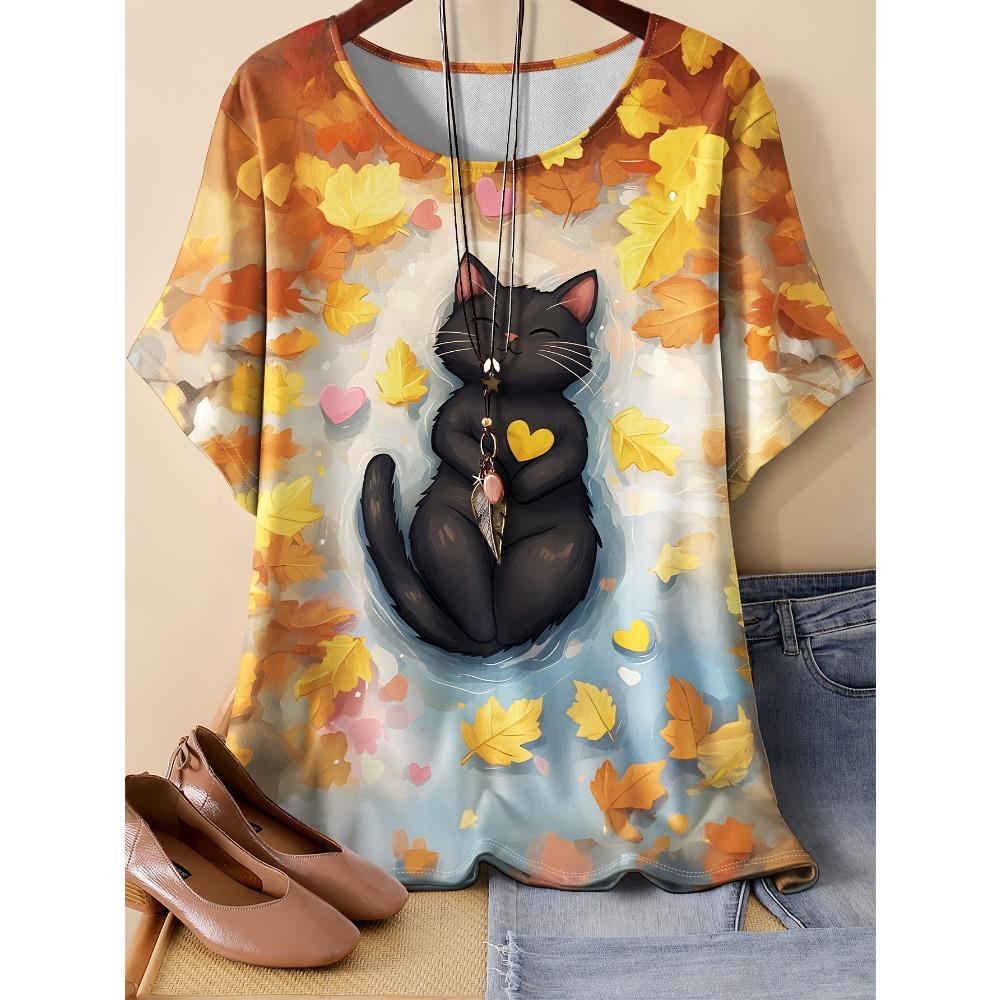 Летняя Новая Мода Животный Цветочный Узор 3D Короткий Рукав Женская Круглый Вырез Удобная Большого Размера Футболка S