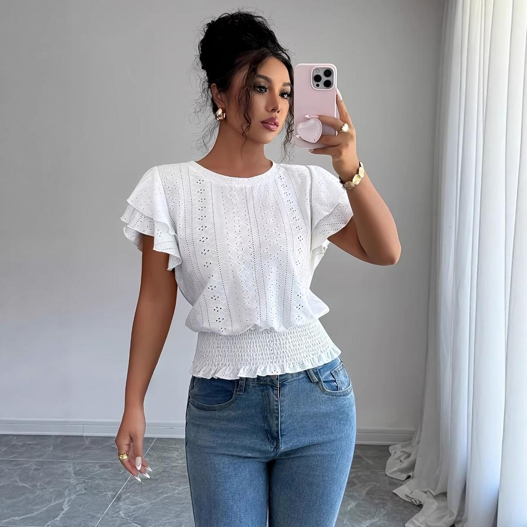 Damen Unifarben Lässig Ausgeschnitten Spitze Ärmel Rundhals Kurzarm T-Shirt, Europäischer Amerikanischer Stil Frühling Sommer Oberteil