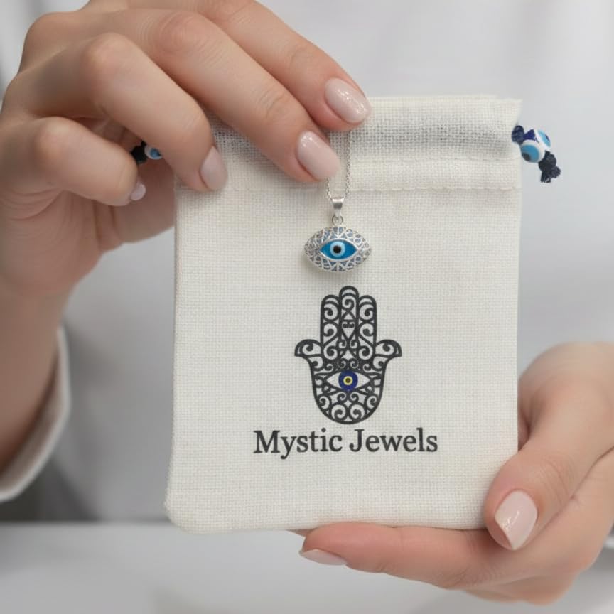 Mystic Jewels - 925 Sterling Silver Glass Evil Eye Drop Shape Filigree Pendant Silver Chain (Eye Shape), Glass, Not Applicable
