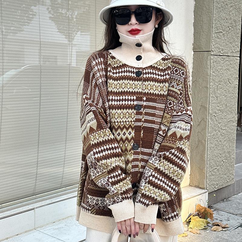 2025 Autumn/Winter Women's Japanese Retro Ethnic Knit Cardigan - Mid-Length, Printed, Comfortable Lazy Style Knitwear